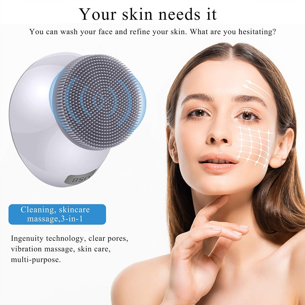 Electric Heating Facial Cleansing Brush 2 in 1 Heated Massager&Sonic Vibrating,Facial Cleanser Brush for Skin Exfoliation