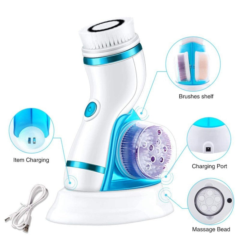 4 In 1 Electric Facial Cleansing Brush Skin Scrubber Deep Face Cleaning Peeling Machine Pore Cleaner Roller Massager