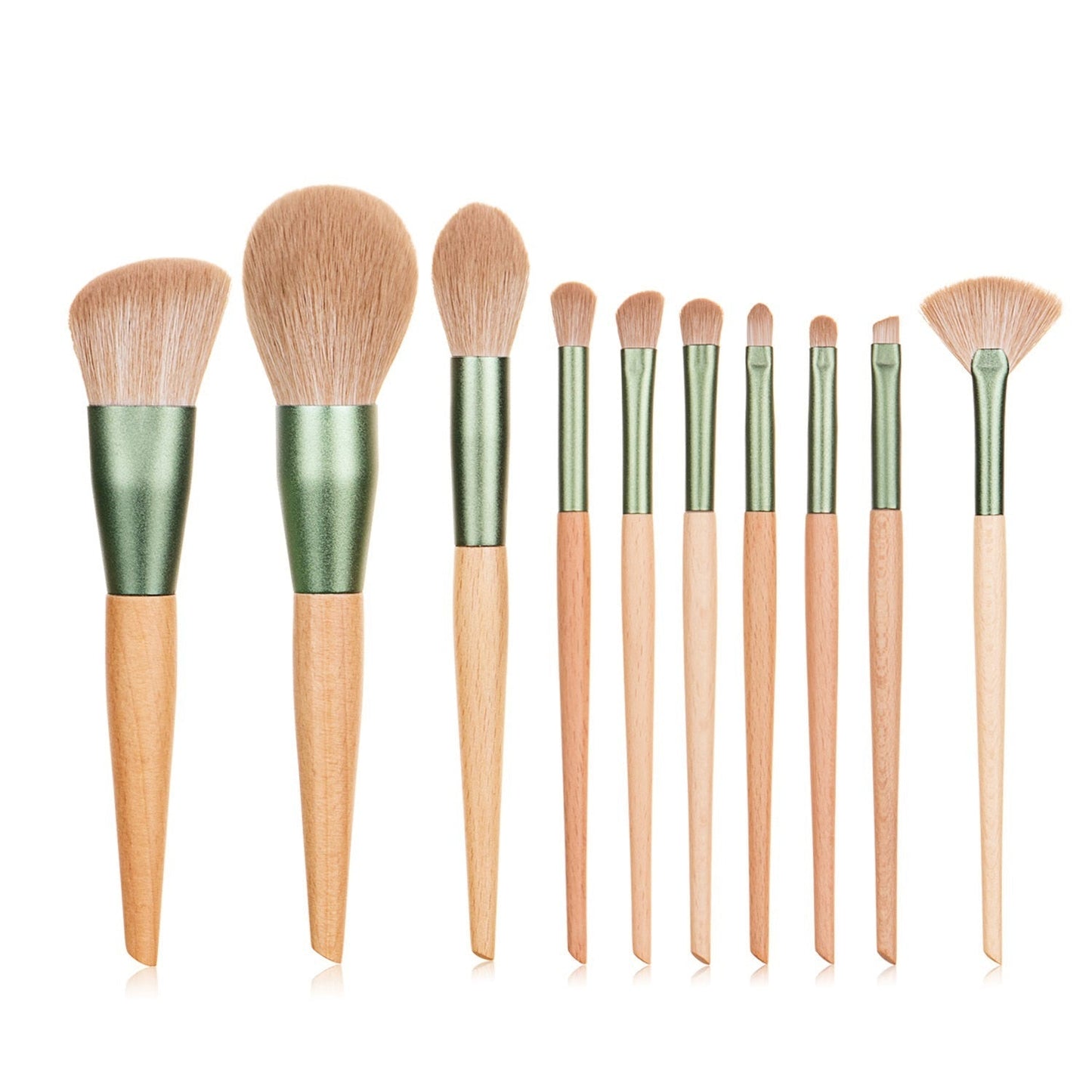 10pcs Nature Wood Handle Makeup Brushes Set With Green Bag Small Fan Powder Blush Foundation Eye Shadow