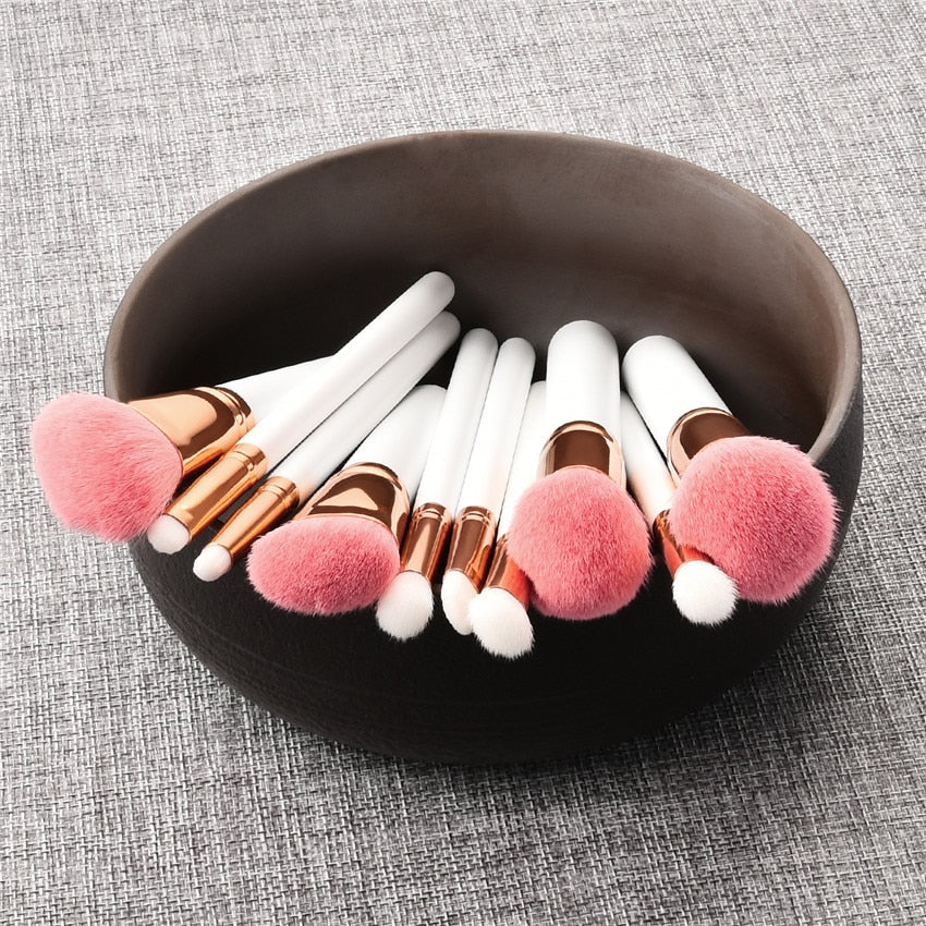10pcs Makeup Brushes Set Pvc Pearl White Gold Wooden Handle Wool Cosmetic Brush Kit