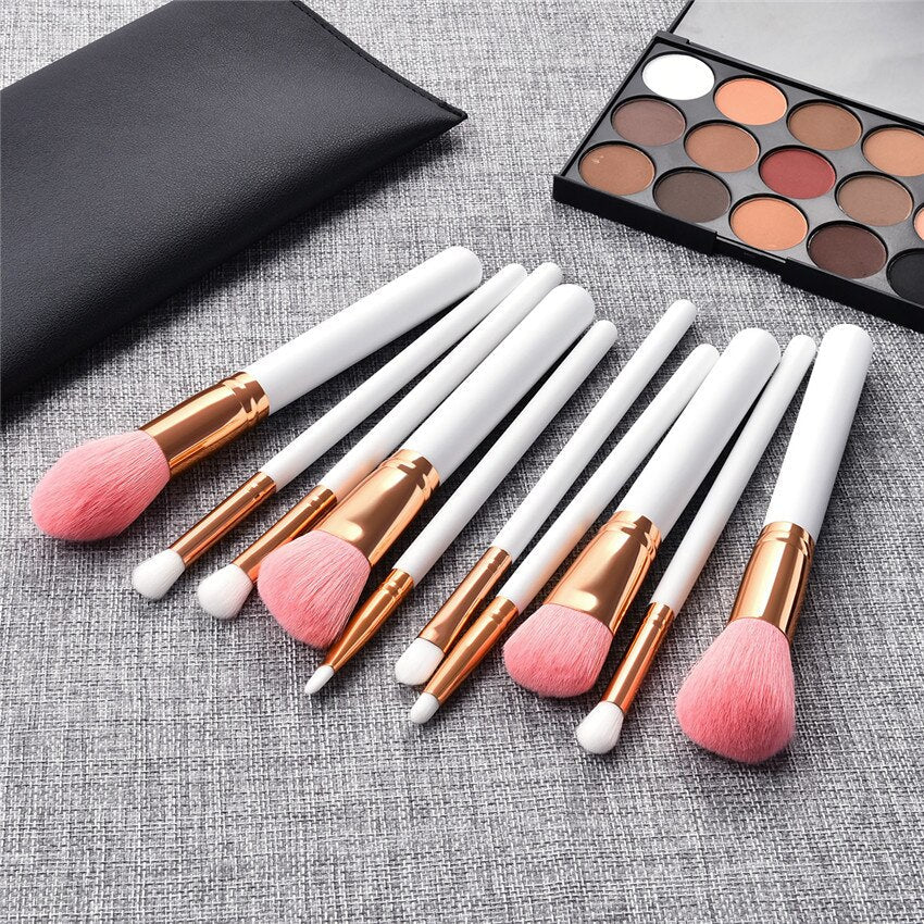 10pcs Makeup Brushes Set Pvc Pearl White Gold Wooden Handle Wool Cosmetic Brush Kit
