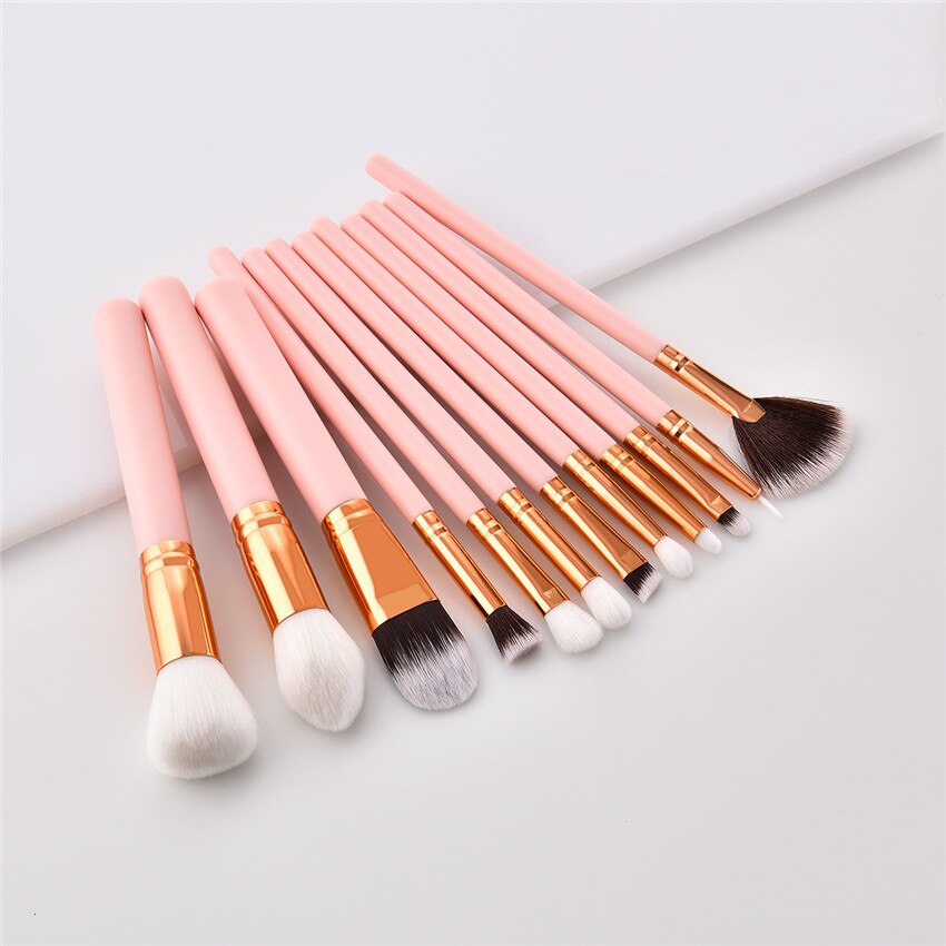 Professional 12pcs Makeup Brushes Set Beauty Tools Wooden Handle Pink Gold Small Fan Straight Foundation Brush Eye Kits
