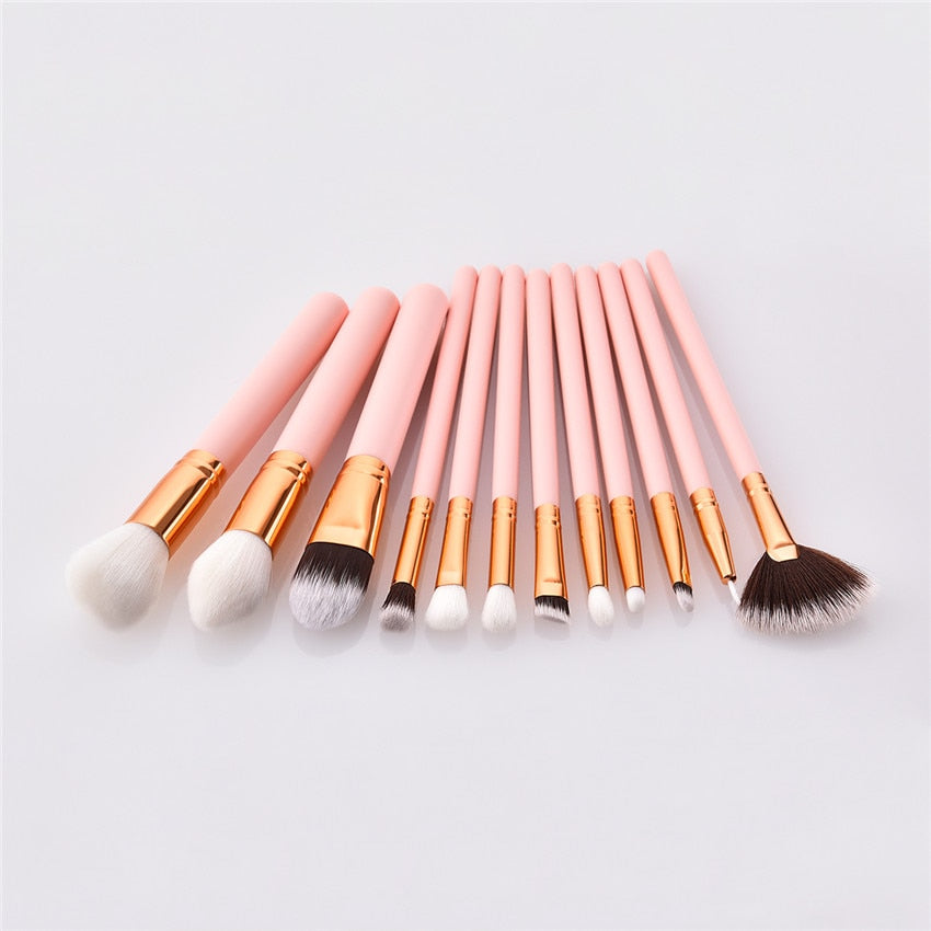 Professional 12pcs Makeup Brushes Set Beauty Tools Wooden Handle Pink Gold Small Fan Straight Foundation Brush Eye Kits