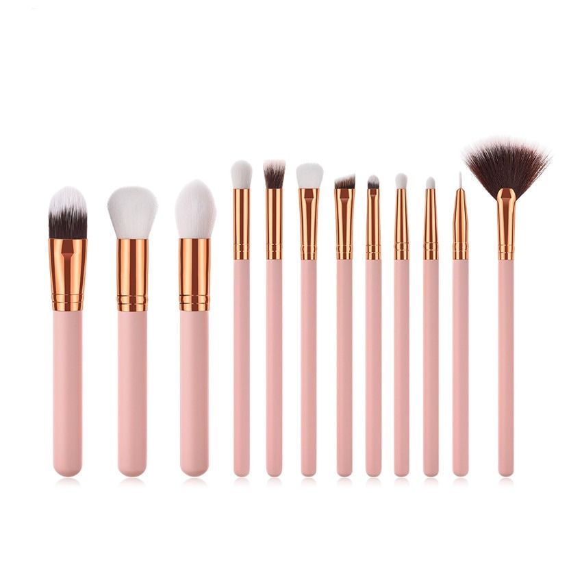 Professional 12pcs Makeup Brushes Set Beauty Tools Wooden Handle Pink Gold Small Fan Straight Foundation Brush Eye Kits
