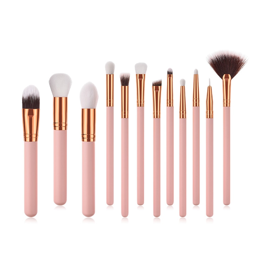 Professional 12pcs Makeup Brushes Set Beauty Tools Wooden Handle Pink Gold Small Fan Straight Foundation Brush Eye Kits