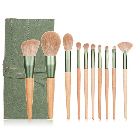 10pcs Nature Wood Handle Makeup Brushes Set With Green Bag Small Fan Powder Blush Foundation Eye Shadow