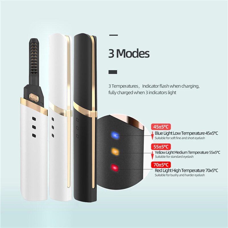 Electric Heated Eyelash Curler Portable Pen 40s Quick Heating USB Rechargeable Long Lasting Natural Eyelash Curler Makeup Tools
