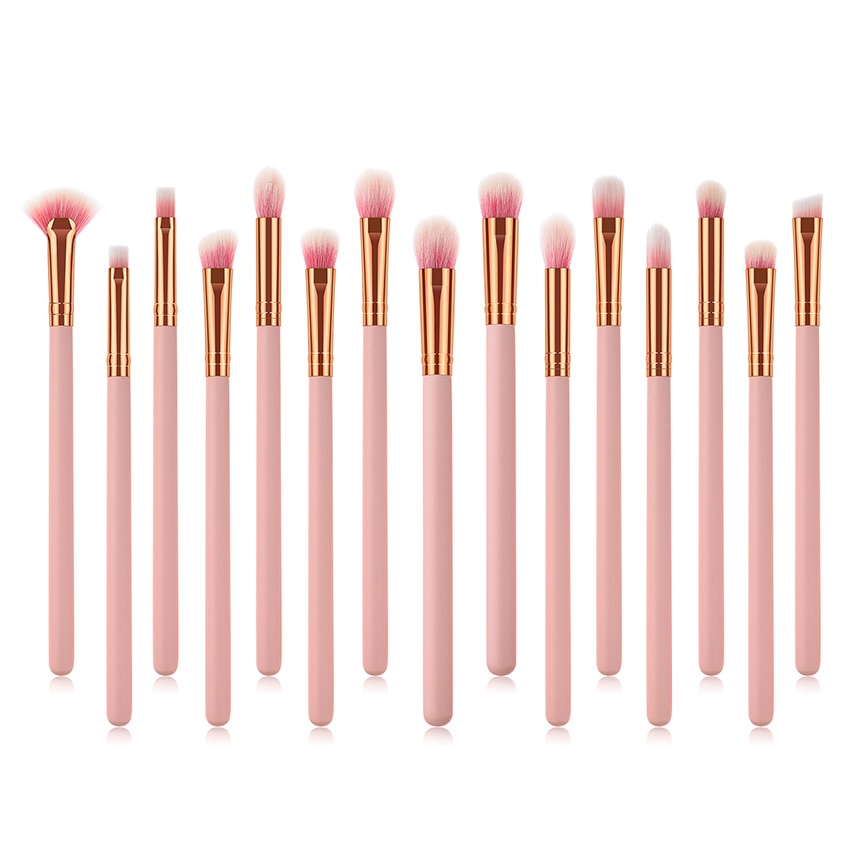 15pcs Wood Aluminum Eyes Makeup Brushes Set Beauty Tools Eyeshadow Small Fan-shaped Eyeliner Eyebrow Nose Lip Pink Gold