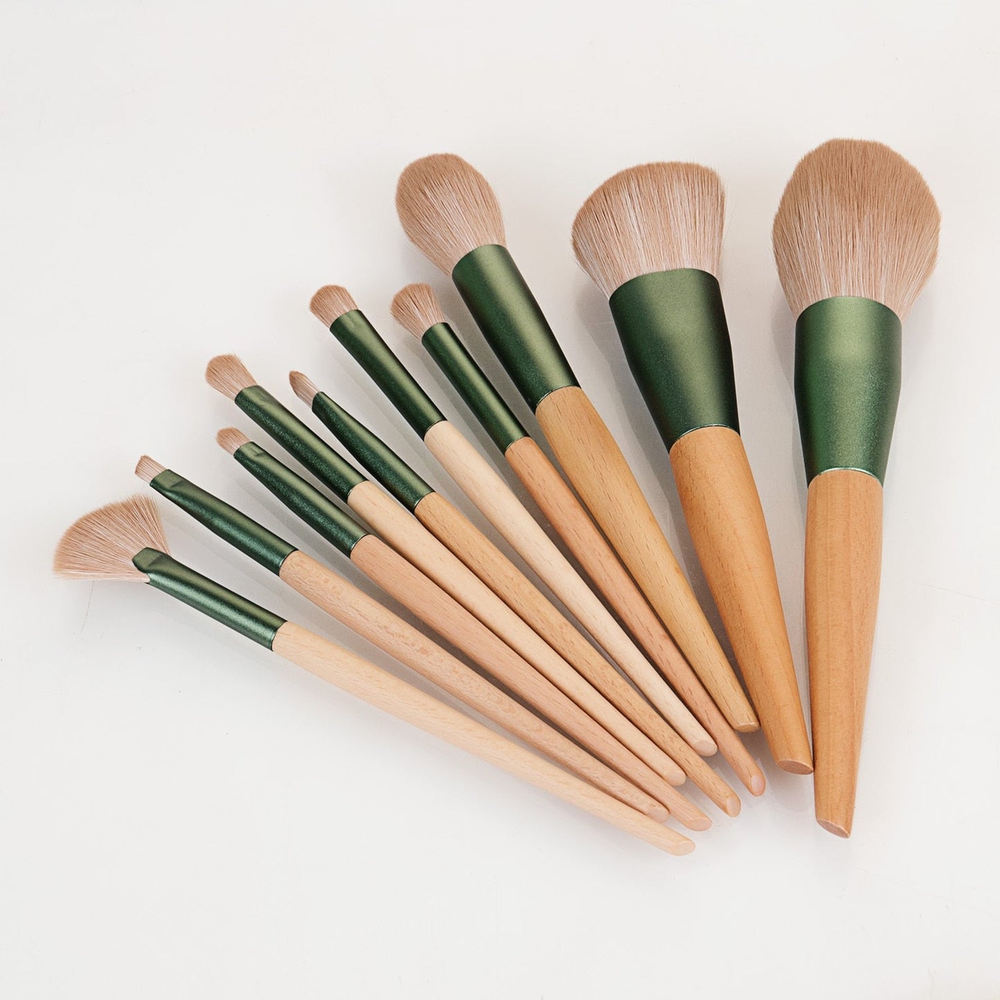 10pcs Nature Wood Handle Makeup Brushes Set With Green Bag Small Fan Powder Blush Foundation Eye Shadow
