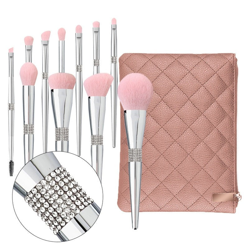 11Pcs Makeup Brushes Set Diamond Cosmetic Brush Powder Foundation Blush Contour Eye Shadow Brow Lashes Silver Beauty Tools
