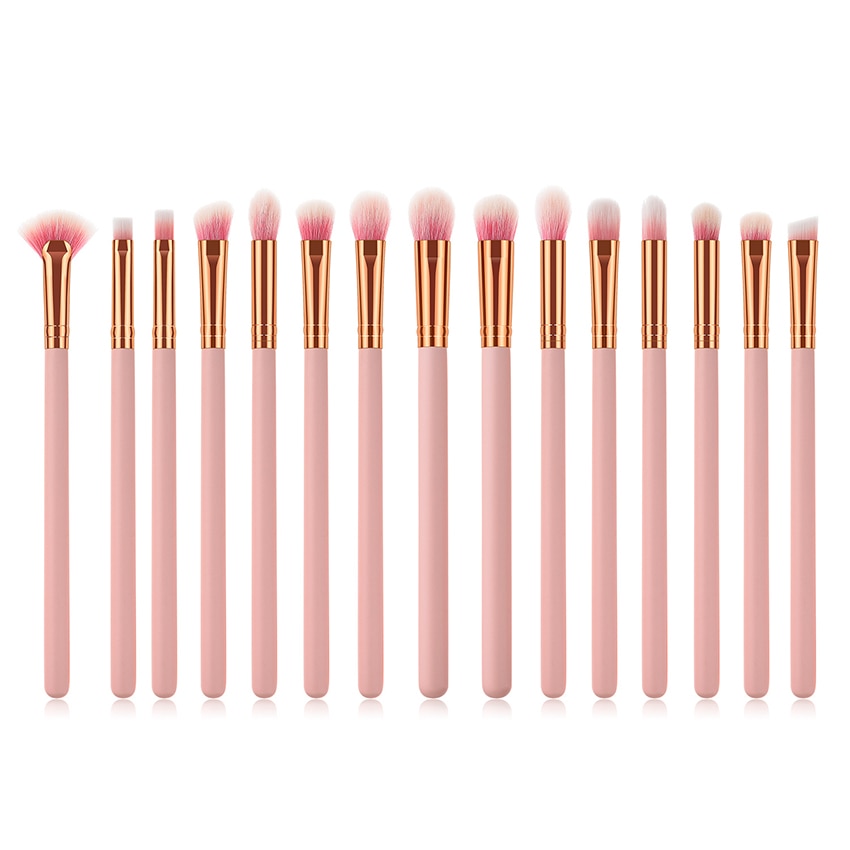 15pcs Wood Aluminum Eyes Makeup Brushes Set Beauty Tools Eyeshadow Small Fan-shaped Eyeliner Eyebrow Nose Lip Pink Gold