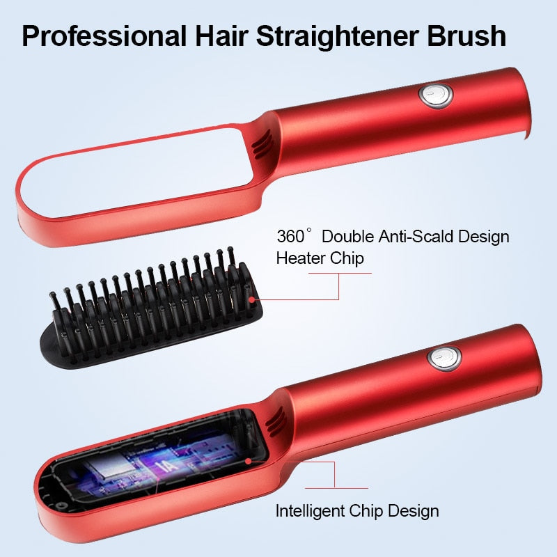 Travel Portable Hair Heating Comb 2 In 1 Usb Charging Wireless Professional Hair Brush Straightener and Curler Styling Tools