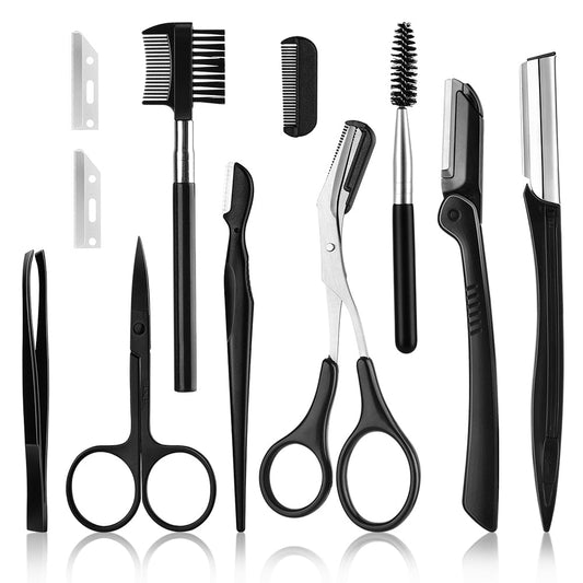 11Pcs Professional Eyebrow Trimming Tool Set Eyebrow Shaping Knife Tweezers Comb Pencil Eyebrow Trimming Clip Make Up Tool Kit