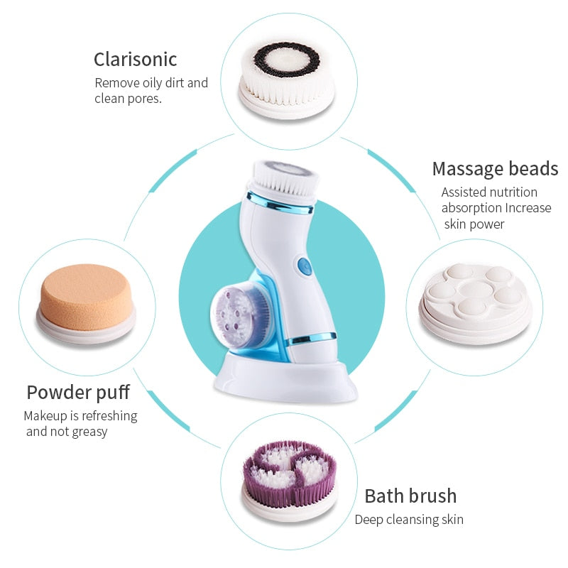 4 In 1 Electric Facial Cleansing Brush Skin Scrubber Deep Face Cleaning Peeling Machine Pore Cleaner Roller Massager