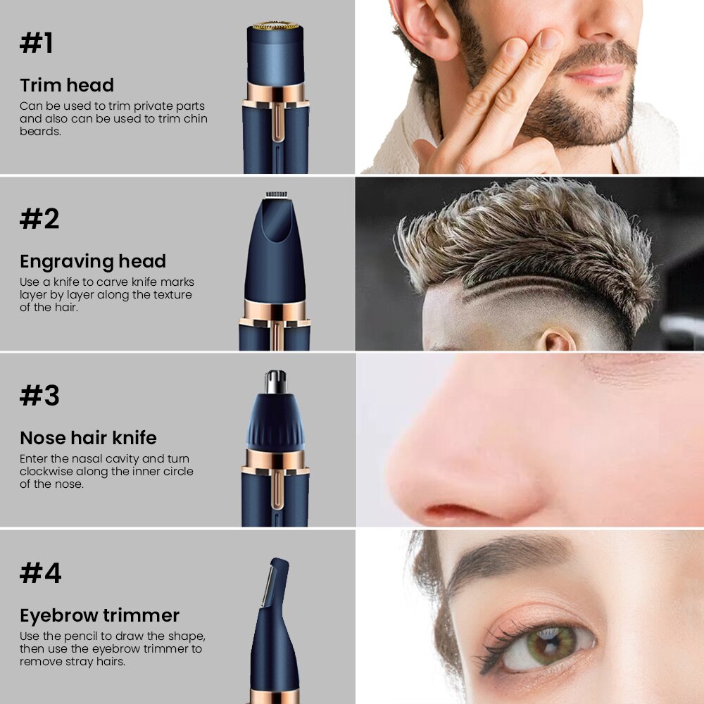 4 In 1 Electric Epilator Electric Eyebrow Nose Hair Trimmer Painless Shaver Depilator Face Body Hair Removal Tool For Men Women