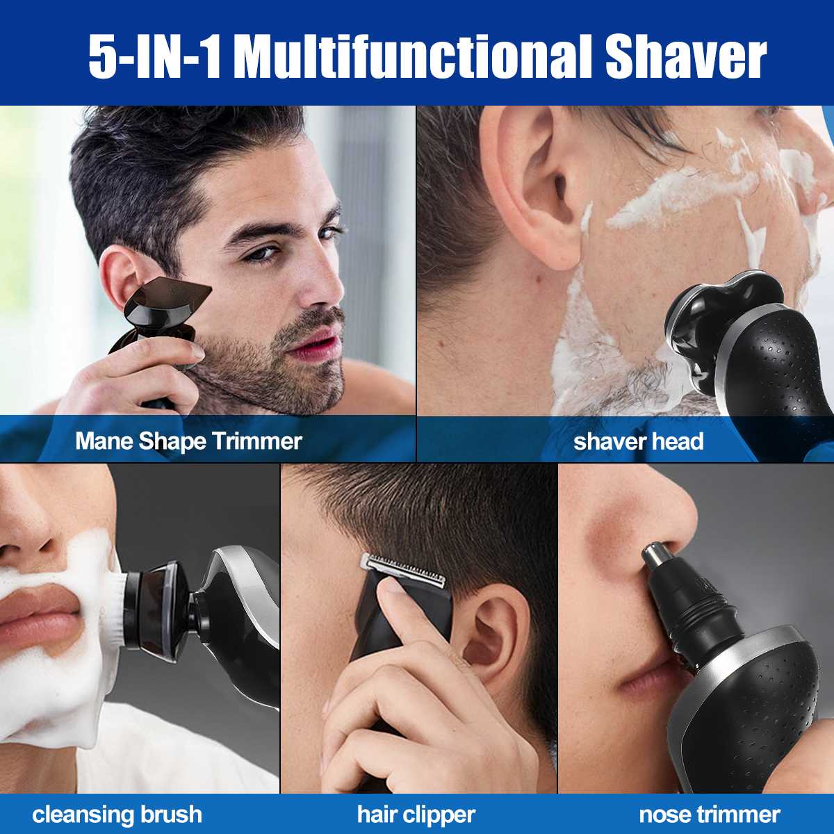 5 In 1 USB Rechargeable Men's Beard Trimmer Waterproof 4D Head Dry Wet Digital Display Shaver Razor Washable Shaving Machine