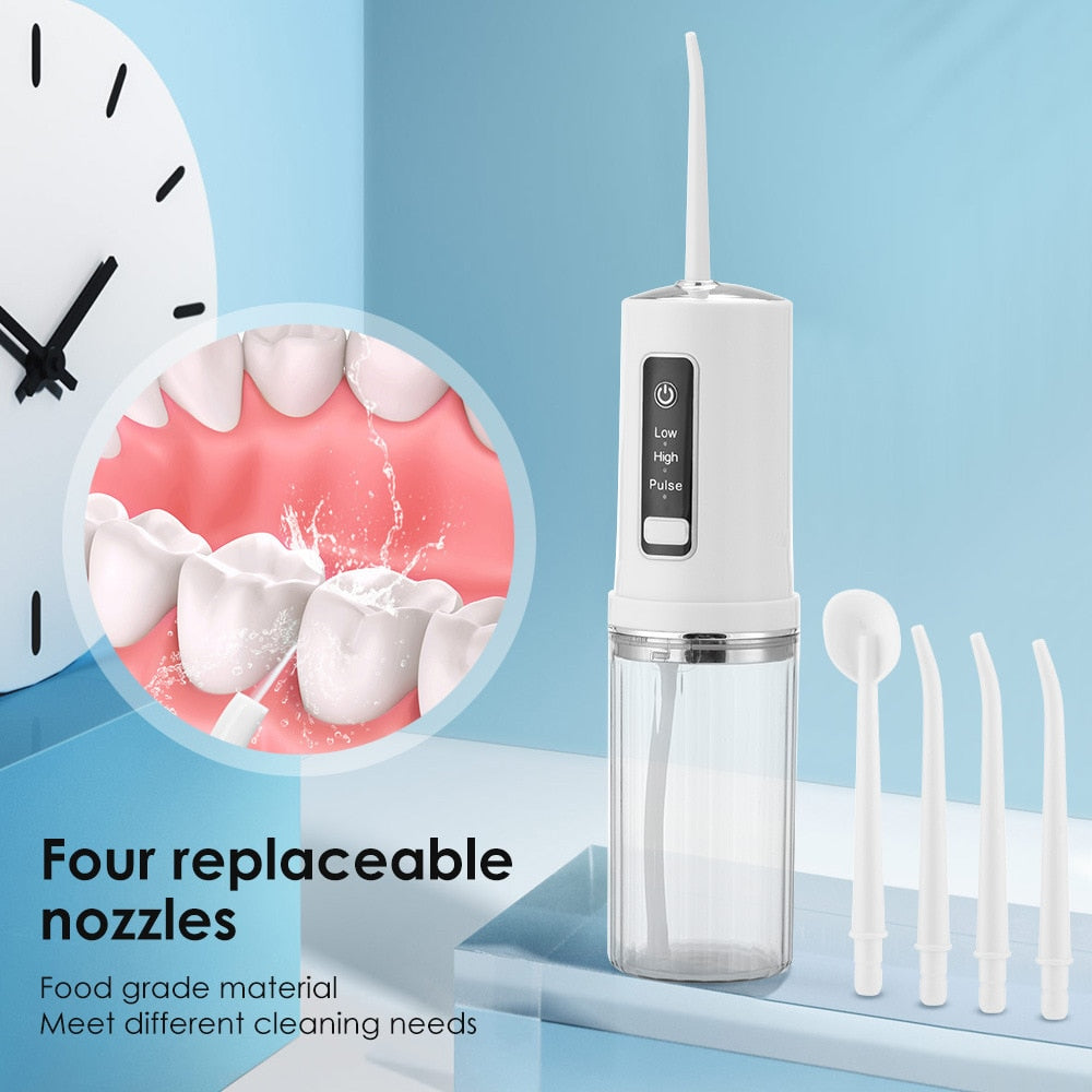 Portable Oral Dental Irrigator Foldable Water Flosser USB Rechargeable Water Jet Floss Tooth Pick Cleaning IPX7 230ML 4 Nozzles