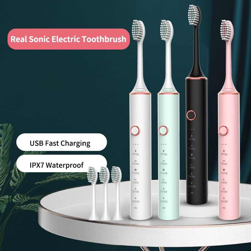 Ultrasonic Sonic Electric Toothbrush for Adults USB Rechargeable Waterproof Electric Teeth Tooth Brushes with 16 Replacement Heads