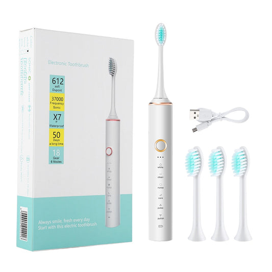 Sonic Electric Toothbrush Travel for Adults Dental Whitening Teeth Kit 6 Cleaning Modes 4pcs Tooth Brush Heads