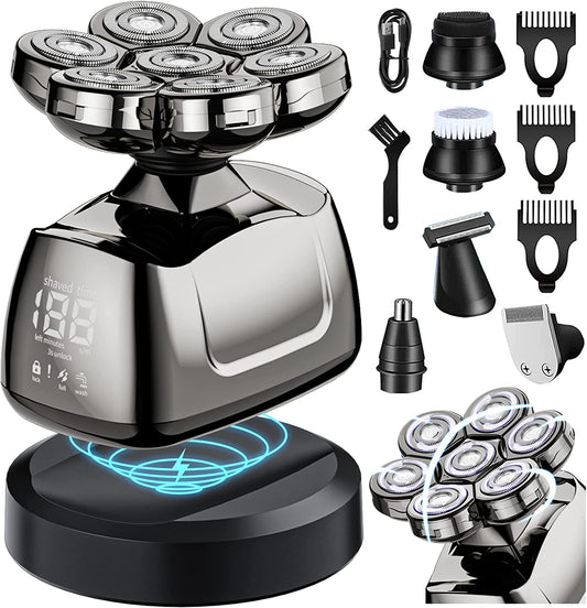 7D Head Shaver Electric Razor for Men 6 In 1 Grooming Head Shaver Trimmer Waterproof Wet/Dry Shavers LED Display Cordless Razor