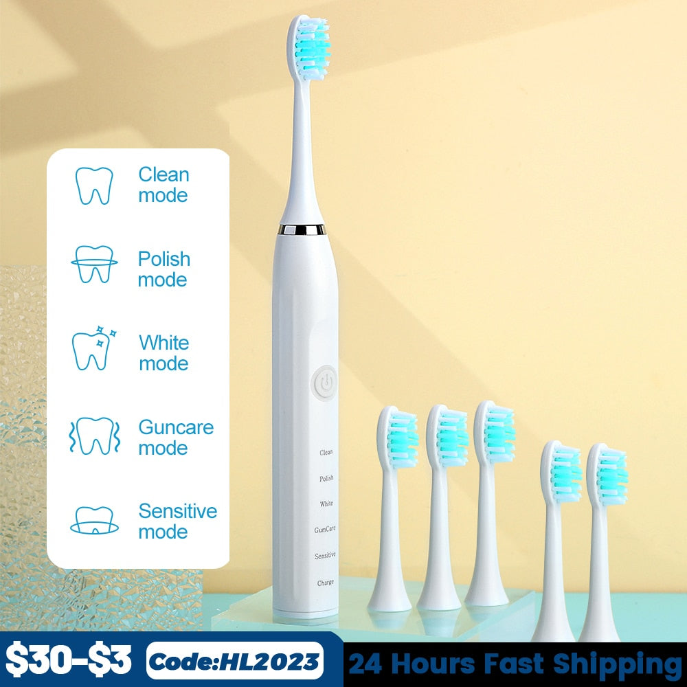 Sonic Electric Toothbrushes for Adults Smart Timer Rechargeable Whitening Toothbrush IPX7 with 6 Brush Heads