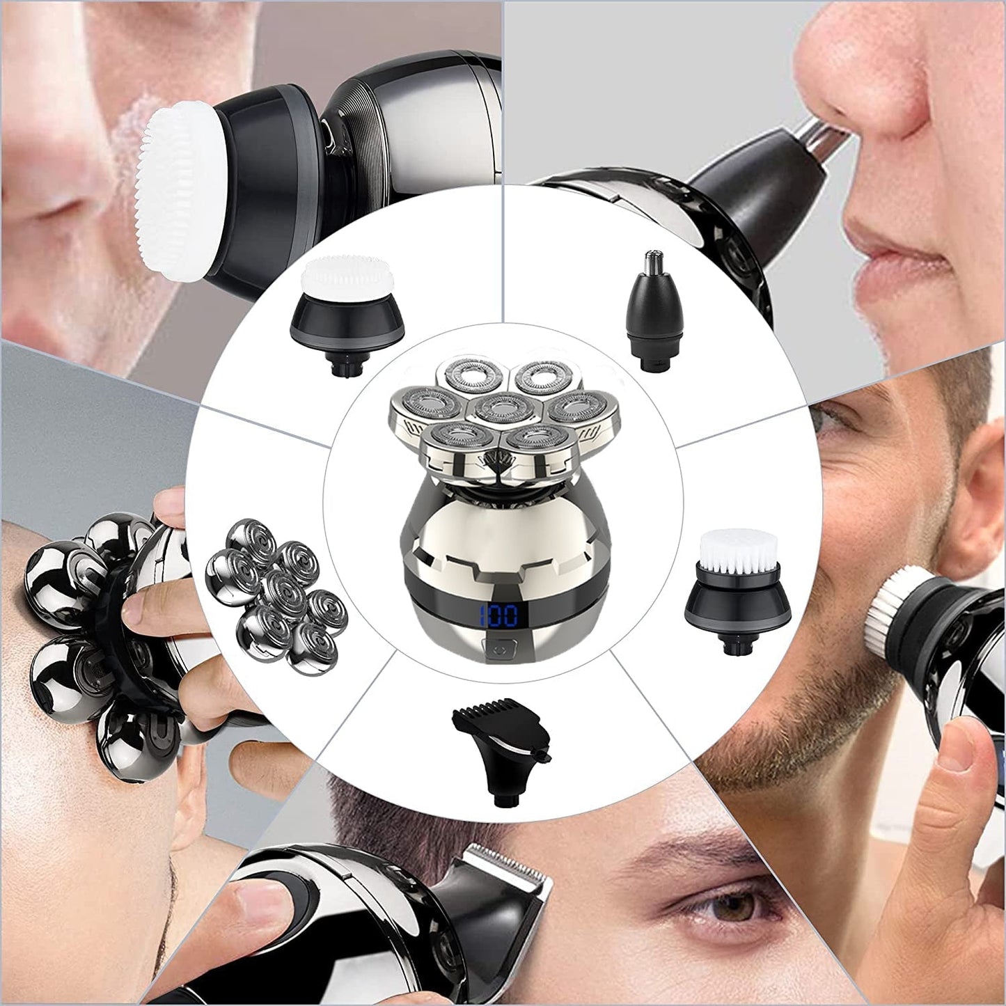 6-in-1 Electric Head Shaver for Bald Men Cordless Rechargeable LED Mens Electric Waterproof Wet Dry Razor Grooming Kit