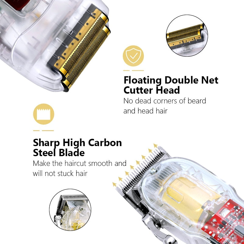 New Transparent Professional Rechargeable Hair Clipper Shaver Grooming Kit Trimmer Beard Razor Hair Cutting Machine Men LCD