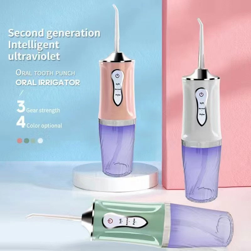 Portable Oral Irrigator Rechargeable USB Water Dental Flosser UV Sterilization 3 Modes Water Jet Floss Pick 220ml 4 Nozzle