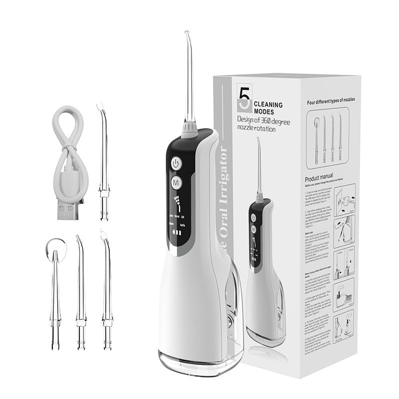 Upgrated Intelligent Oral Irrigator Water Dental Flosser Rechargeable 5Mode Portable Dental Water Jet IPX7 Waterproof 330ml 4Tip