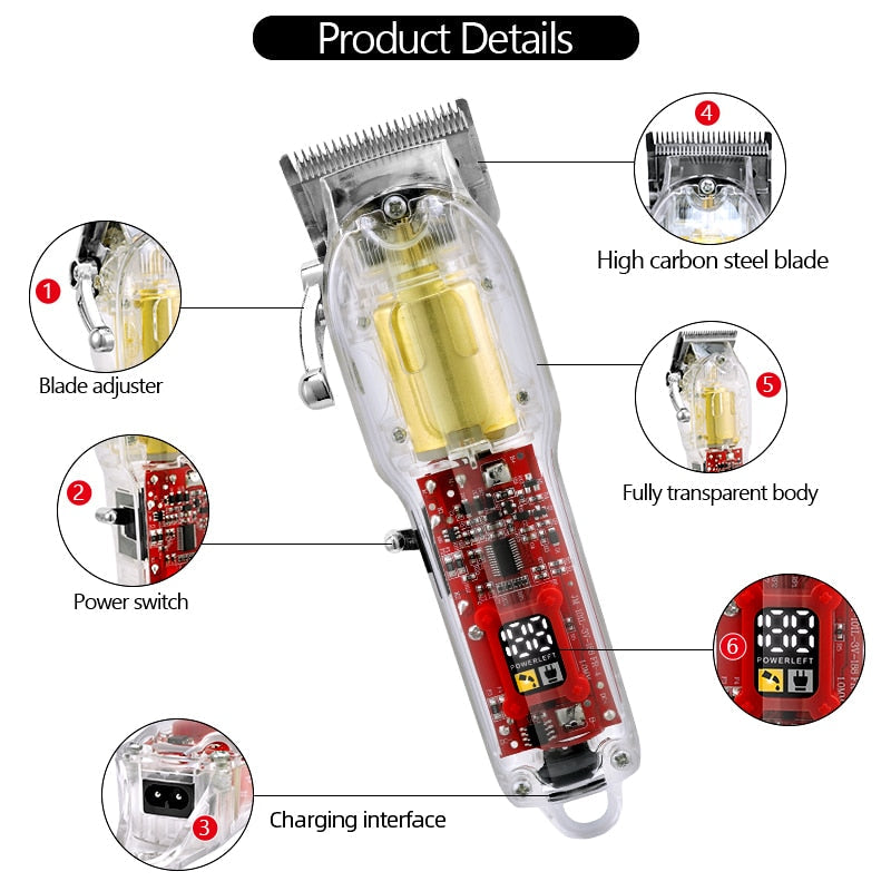 New Transparent Professional Rechargeable Hair Clipper Shaver Grooming Kit Trimmer Beard Razor Hair Cutting Machine Men LCD