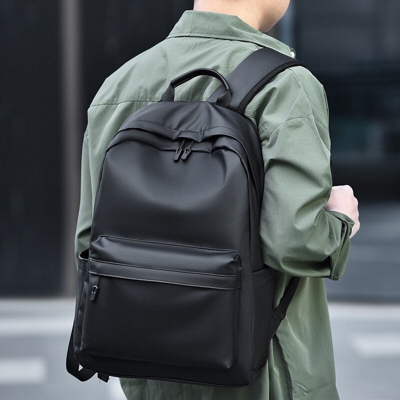 Backpack For Men PU Leather High Quality Business Travel Bag Solid Color Rucksack Unisex Simple Bagpack Holds 15.6 Inches Laptop