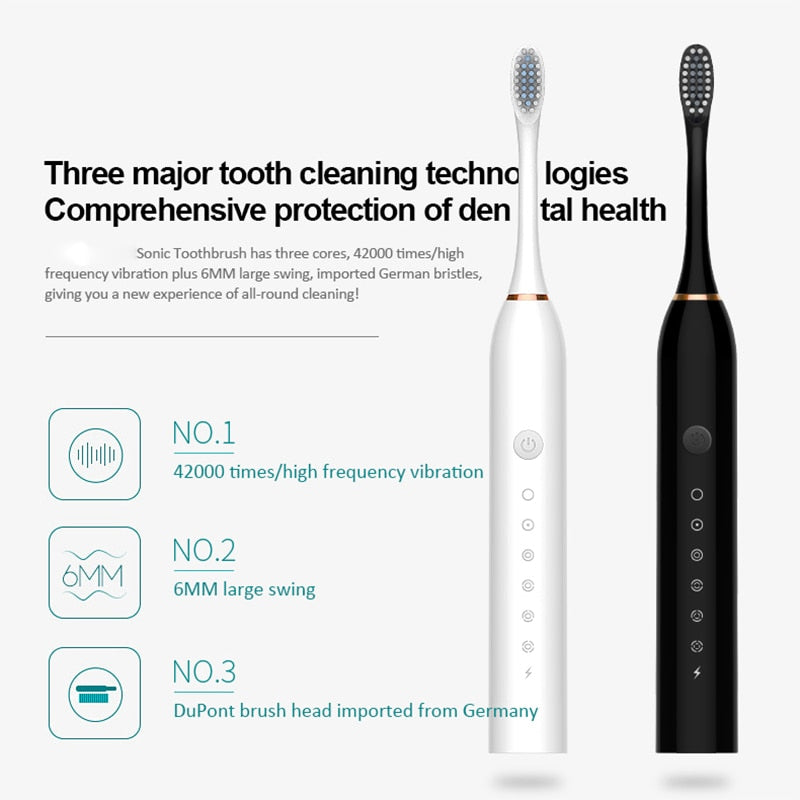 New Ultrasonic Electric Toothbrush Rechargeable USB with Base 6 Mode Adults Sonic Toothbrush IPX7Waterproof Travel Box Holder