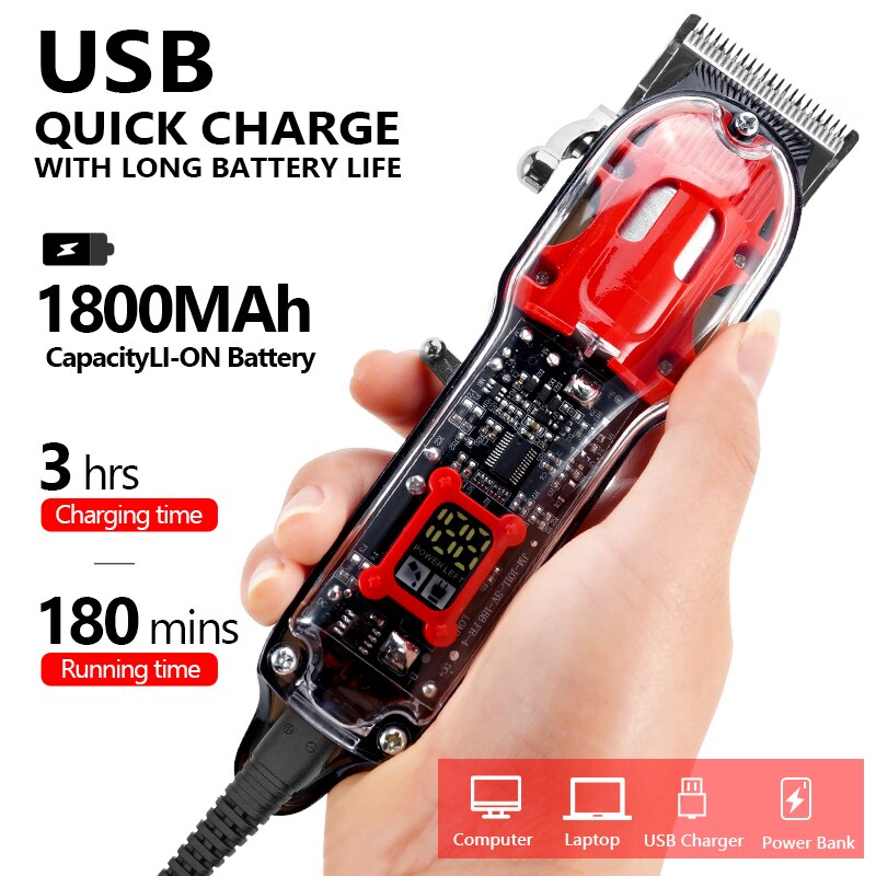 Transparent Electric Trimmer Men Beard Trimming Professional Clippers USB Rechargeable Machine Hair Cutting Clippers Shaving