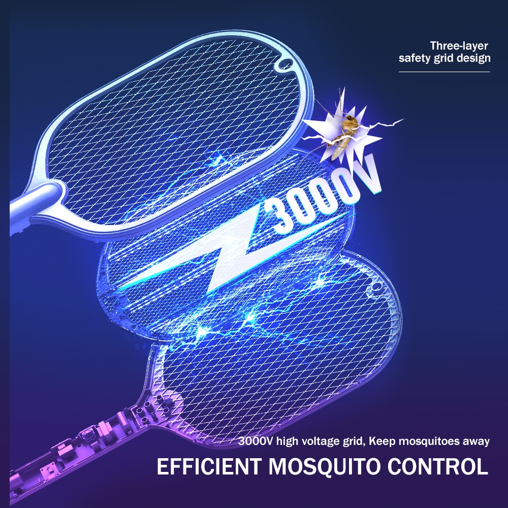 Smart Electric Insect Racket Swatter Zapper 3000V USB Rechargeable Summer Mosquito Lamp Bug Killer Trap Vertical Wall Held