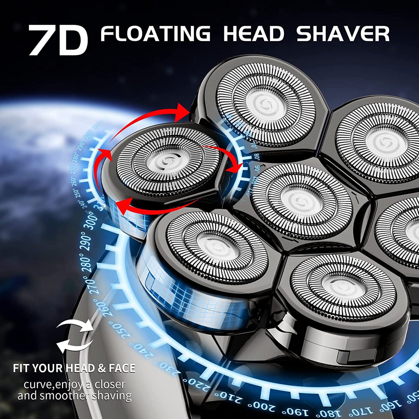7D Head Shaver Electric Razor for Men 6 In 1 Grooming Head Shaver Trimmer Waterproof Wet/Dry Shavers LED Display Cordless Razor