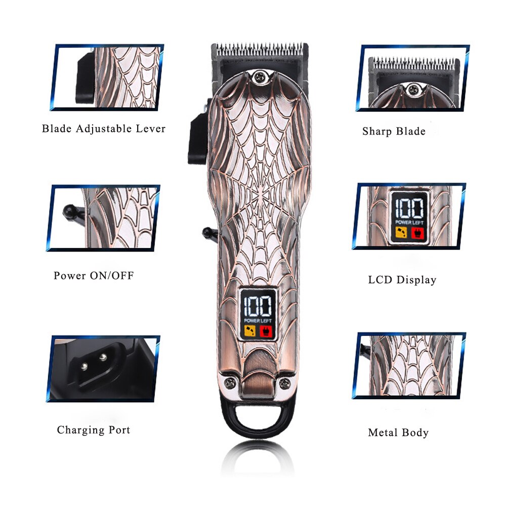 LCD Display Retro Skull Type Hair Clipper,Four Gears Titanium Alloy Blade Trimmer,2000mAh Metal Body Oil Head Haircut Machine