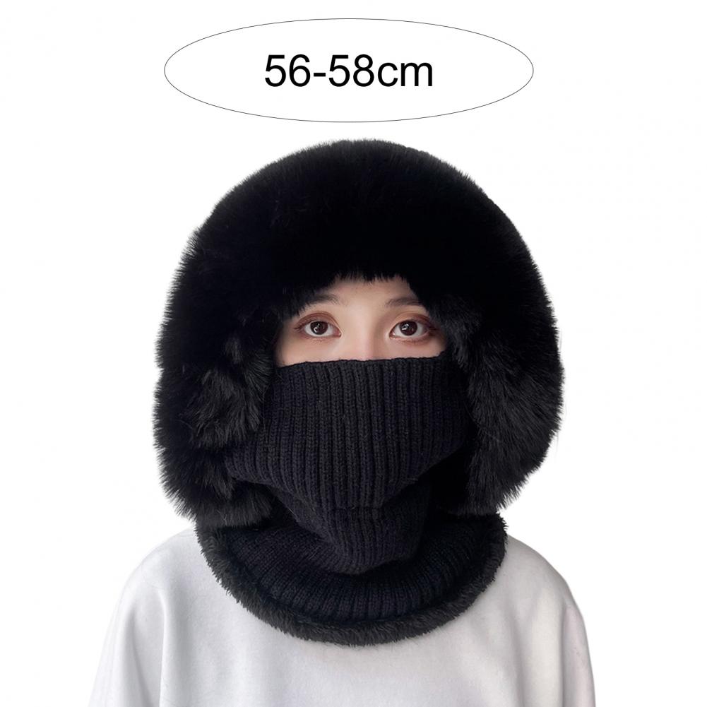 Knitted Hat Pompom Plush Ears Protection Solid Color Autumn Winter Women Face Cover Neck Gaiter Warmer Beanie Cap for Ski