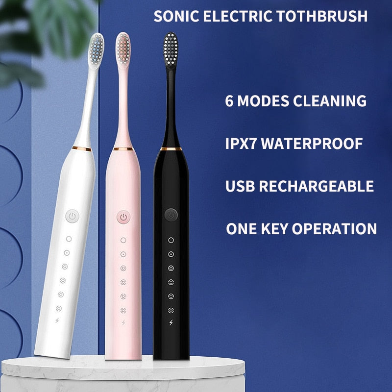 Ultrasonic Sonic Electric Toothbrush USB Charging Electronic Teeth Brush Adult Tooth Whitening 6 Mode IPX7 Waterproof with 8 Heads