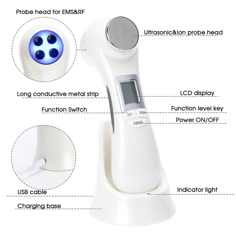6 in1 LED RF Photon Facial Skin Lifting Rejuvenation Face Massage Machine EMS Ion Microcurrent Beauty Device