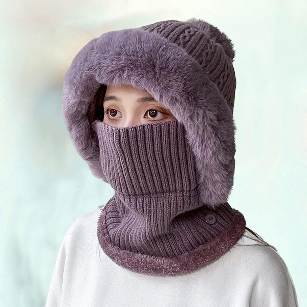 Knitted Hat Pompom Plush Ears Protection Solid Color Autumn Winter Women Face Cover Neck Gaiter Warmer Beanie Cap for Ski