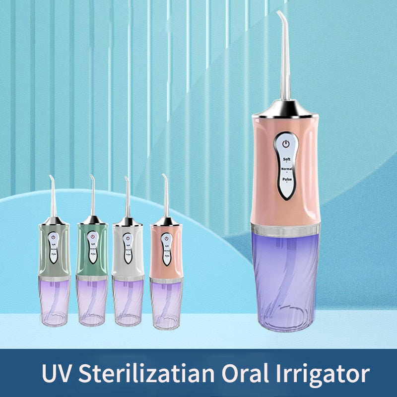 Portable Oral Irrigator Rechargeable USB Water Dental Flosser UV Sterilization 3 Modes Water Jet Floss Pick 220ml 4 Nozzle