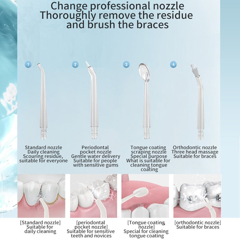 Portable Oral Irrigator Rechargeable USB Water Dental Flosser UV Sterilization 3 Modes Water Jet Floss Pick 220ml 4 Nozzle