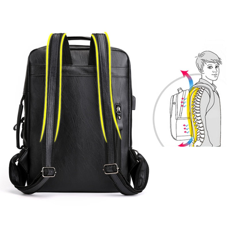 Business Backpacks For Men Waterproof PU Leather Laptop Bag Large Capacity USB Charging Rucksack Male Fashion Bagpack