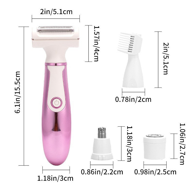 Cordless 4 in1 Electric Lady Shaver for Women Rechargeable Painless Razor Bikini Trimmer Wet and Dry Hair Removal for Face Legs