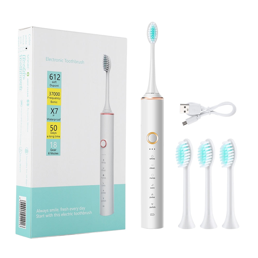 Sonic Electric Toothbrush Travel for Adults Dental Whitening Teeth Kit 6 Cleaning Modes 4pcs Tooth Brush Heads