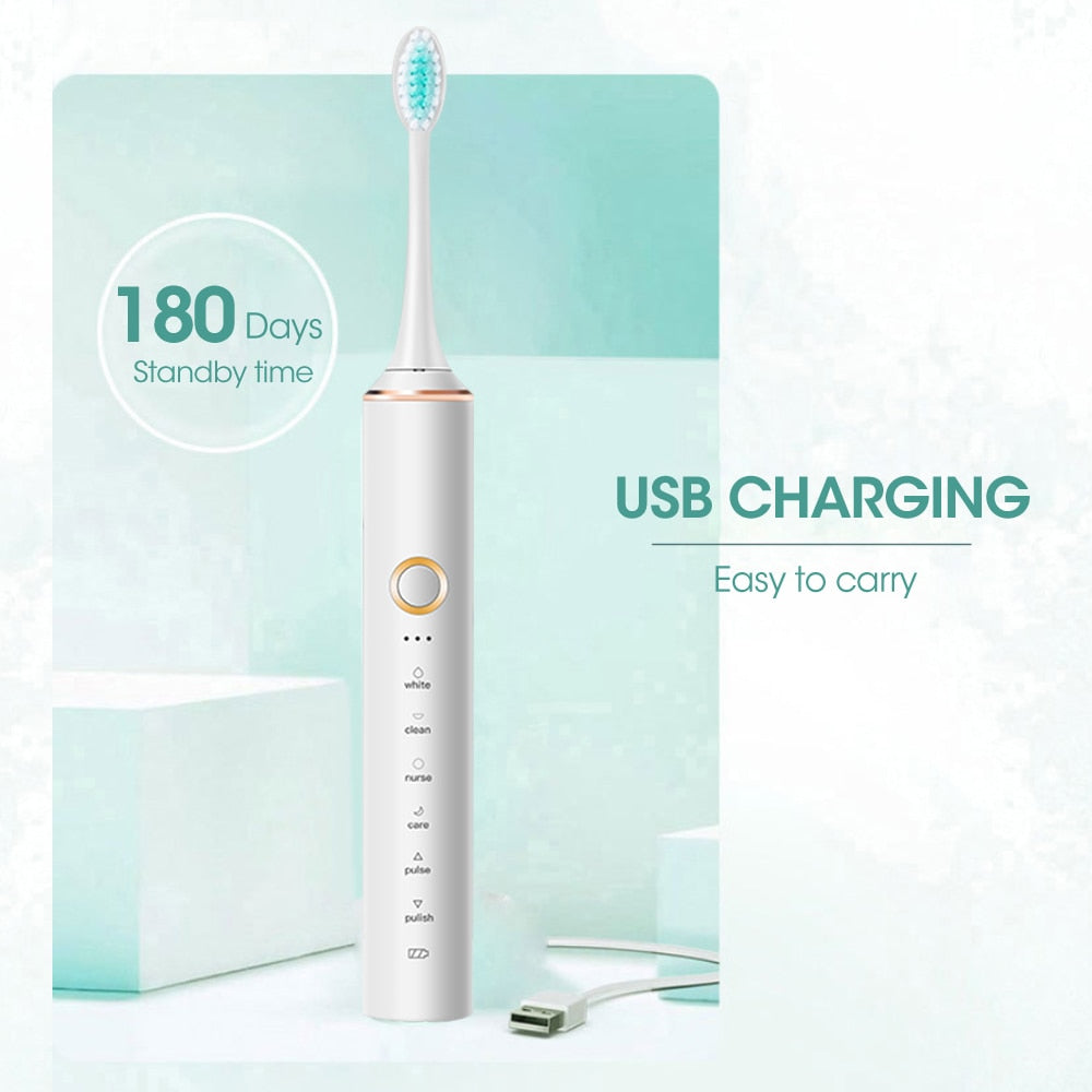 Sonic Electric Toothbrush Travel for Adults Dental Whitening Teeth Kit 6 Cleaning Modes 4pcs Tooth Brush Heads