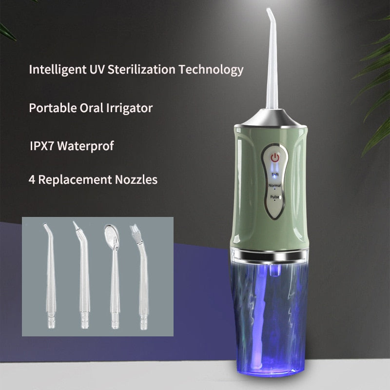 Portable Oral Irrigator Rechargeable USB Water Dental Flosser UV Sterilization 3 Modes Water Jet Floss Pick 220ml 4 Nozzle