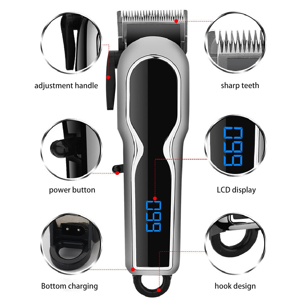 Professional Hair Clipper for Men's Electric Hair Trimmer USB Charge LCD Display Battery Power Adjustable Hair Cutting Machine