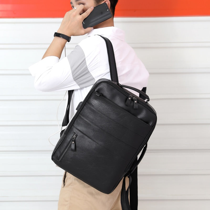 Business Backpacks For Men Waterproof PU Leather Laptop Bag Large Capacity USB Charging Rucksack Male Fashion Bagpack