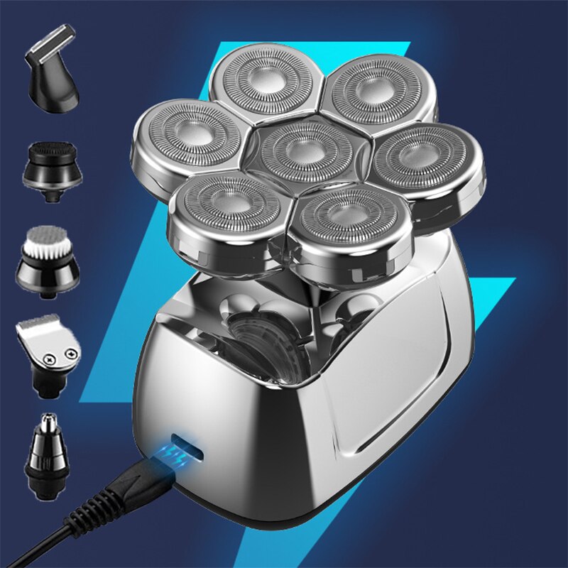 7D Head Shaver Electric Razor for Men 6 In 1 Grooming Head Shaver Trimmer Waterproof Wet/Dry Shavers LED Display Cordless Razor